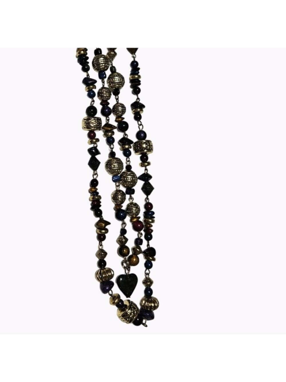 Art Deco Chunky Gemstone Beaded Necklace Gold Tone Blue Heart Pendant Jewelry